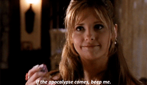 A blonde, perky teenage girl with long bangs holds up a 90s-style pager and says "If the apocalypse comes, beep me."