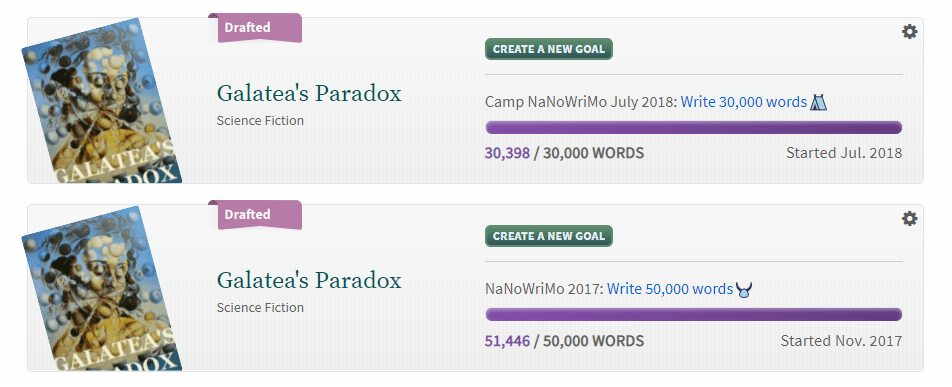 Charts from the NaNoWriMo sites showing 51k written on GALATEA'S PARADOX in Nov. 2017 and 30k written in Camp NaNo, July 2018.