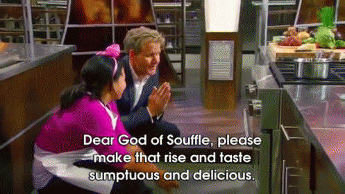 Gordon Ramsay and Dara, a young cook with a pink bow on her head, pray: "Dear God of Souffle, please make that rise and taste sumptuous and delicious."