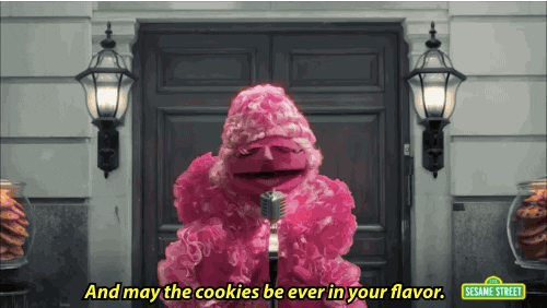 A pink frilly Muppet parodies Effie Trinket, saying, "And may the cookies be ever in your flavor."