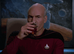 Jean-Luc Picard drinks tea while looking grumpy