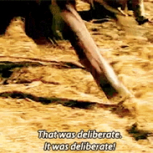 Gimli the dwarf falls and rolls as voiceover says, "that was deliberate. It was deliberate!"