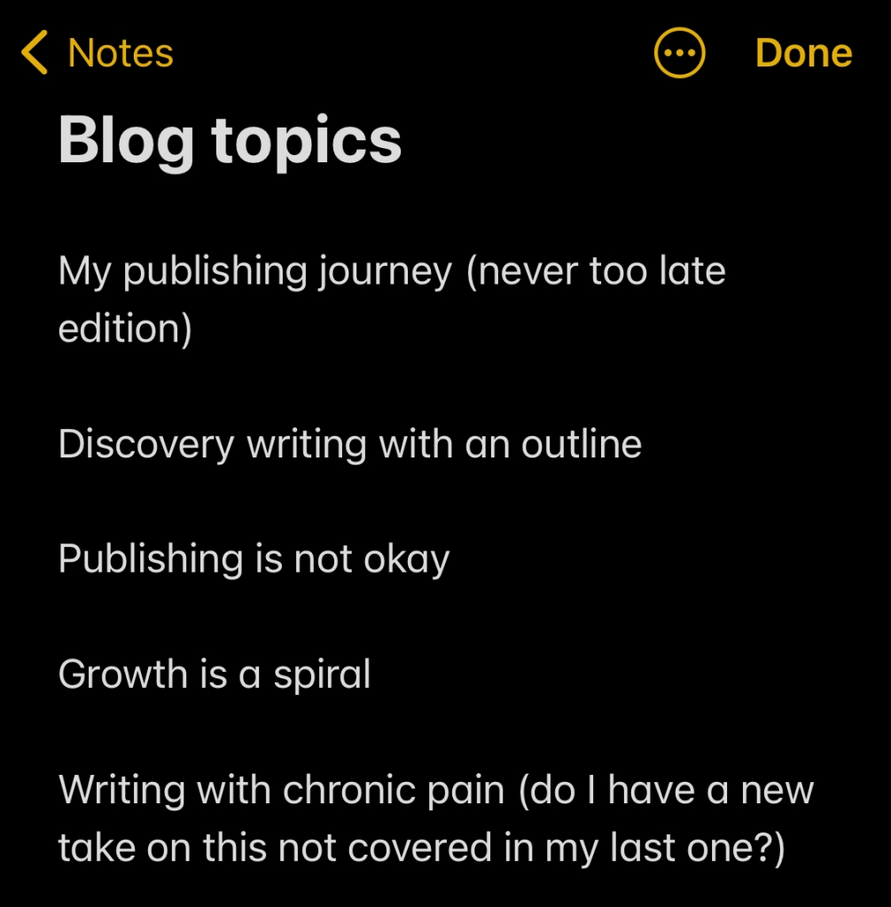 A screenshot from the iOS Notes app says "Blog topics: My publishing journey (never too late edition); Discovery writing with an outline; Publishing is not okay; Growth is a spiral; Writing with chronic pain (do I have a new take on this not covered in my last one?)