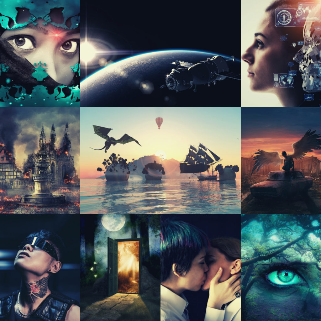 A grid-style photo collage showing a veiled woman with a red light on her forehead behind teal cutouts; a starship in orbit around a planet; a woman in profile with AI specs superimposed on her; a city on fire; a dragon above flying ships with a hot air balloon in the sky above; a winged entity perched on a burned out classic car; a person with a tattooed neck and a visor looking up; a door in a moonlit forest opens to Elsewhere; two femme-appearing people kiss; a green eye peers out of tree branches.