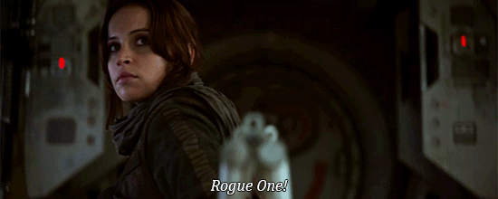 Jyn Erso looks around as someone calls "Rogue One!"