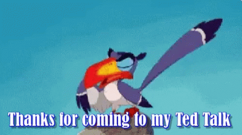 Zazu of the Lion King bows with a self-satisfied expression, saying, "Thanks for coming to my TED Talk"