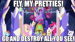 A flying purple cartoon unicorn says "fly my pretties! Go and destroy all you see!" as she tosses magical books toward the viewer.