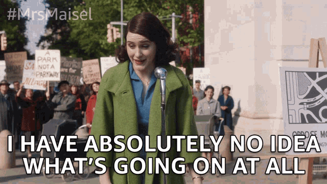 Mrs. Maisel stands in front of a crowd of people holding protest signs and says "I have absolutely no idea what's going on at all"