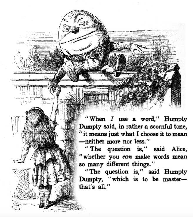 An illustration from Alice in Wonderland showing Humpty Dumpty taking Alice's hand. Text says: "When I use a word," Humpty Dumpty said, in rather a scornful tone, "it means just what I choose it to mean—neither more nor less." "The question is," said Alice, "whether you can make words mean so many different things." "The question is," said Humpty Dumpty, "which is to be master—that's all."