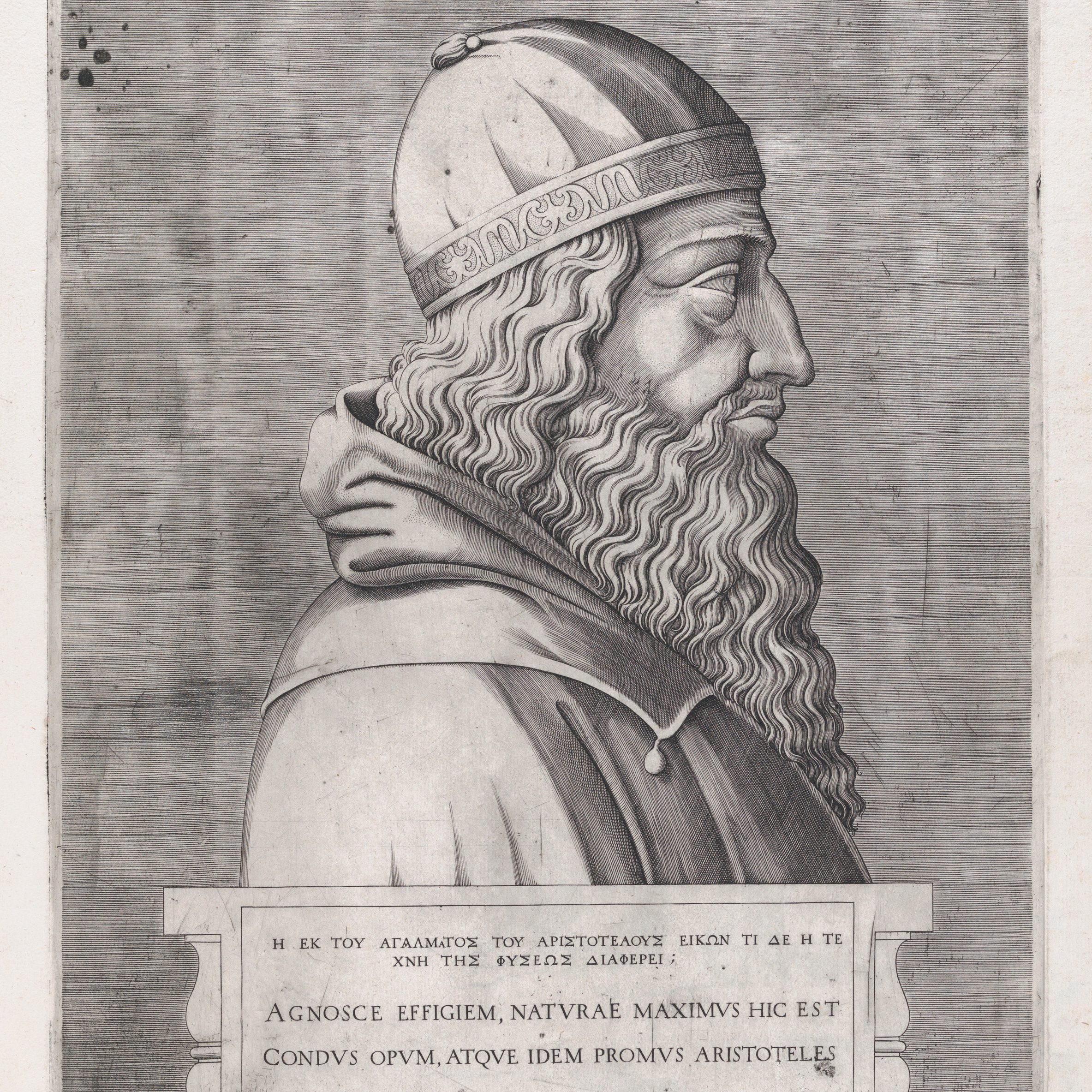 A woodcut print of Aristotle in profile with a full beard and Roman letters underneath that presumably say "Aristotle, the original mansplainer"