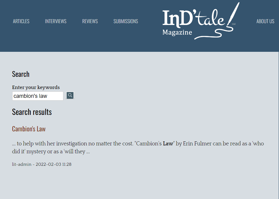 InD'Tale review for Cambion's Law, dated 2/3/2022