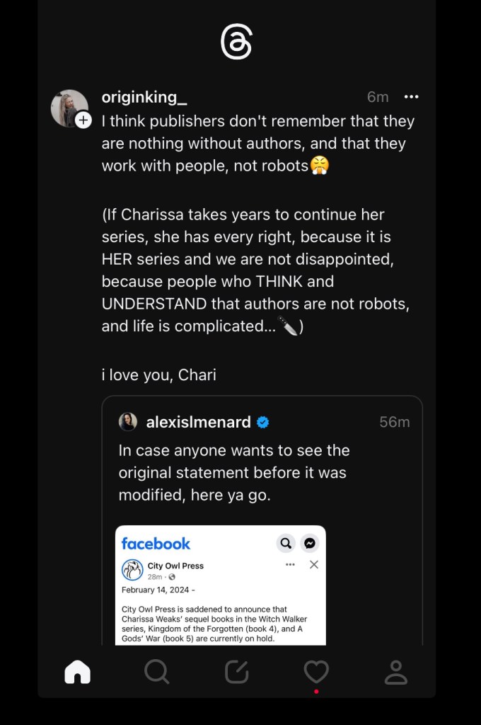 Threads post by originking_ "I think that publishers don't remember that they are nothing without authors"