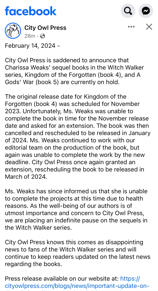 A screenshot of City Owl's original post about Charissa Weaks, providing a careful timeline and sharing her health status