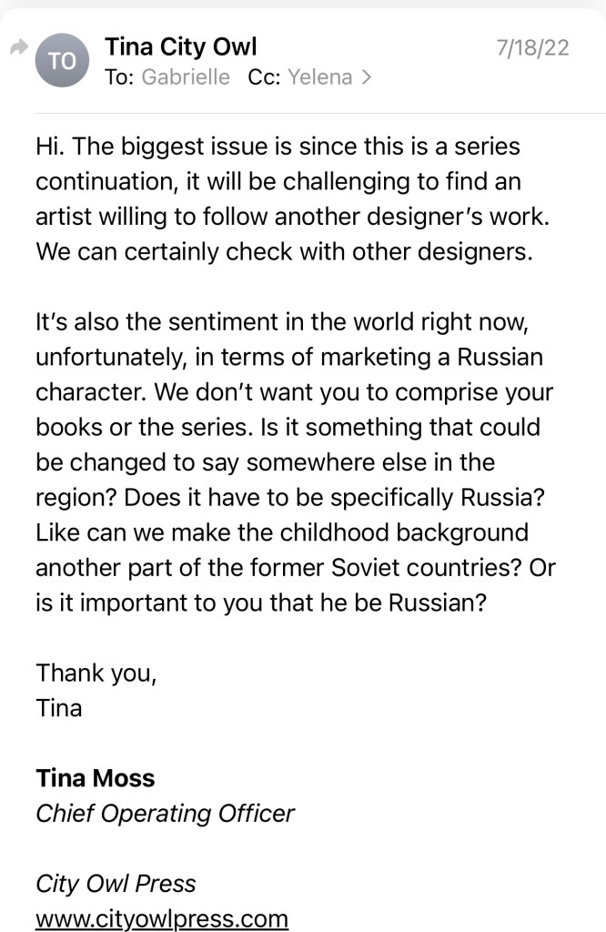 Email followup from "Tina City Owl" stating that marketing a book with a Russian MMC would "comprise" Gabrielle's books or series.