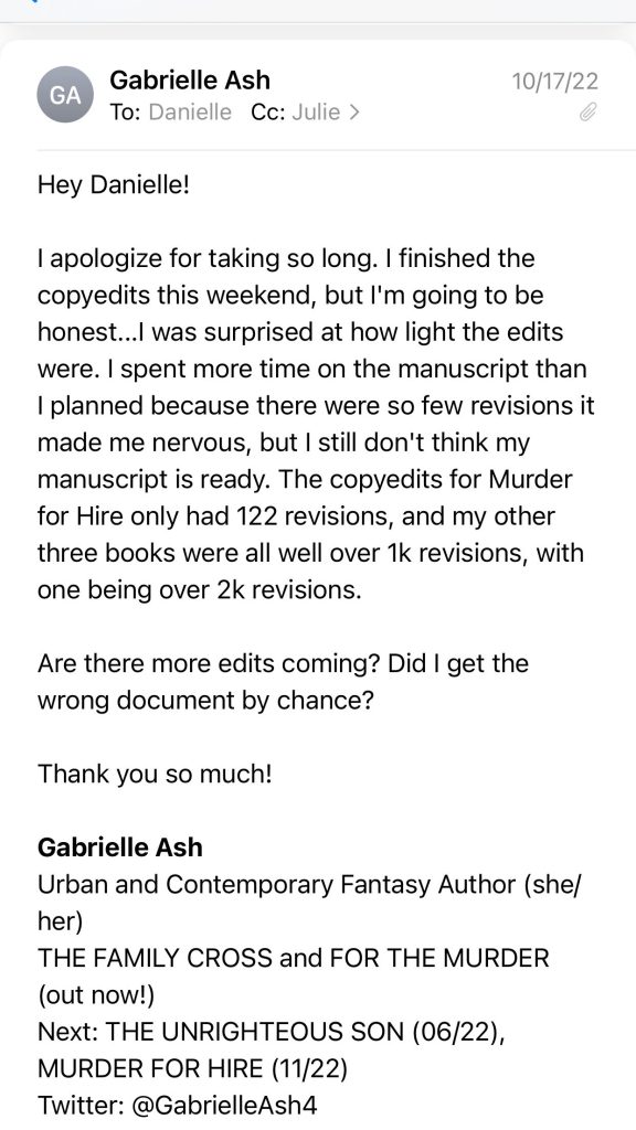 Screenshot of email from Gabrielle Ash to her editor referencing insufficient copy edits on her book Murder For Hire.