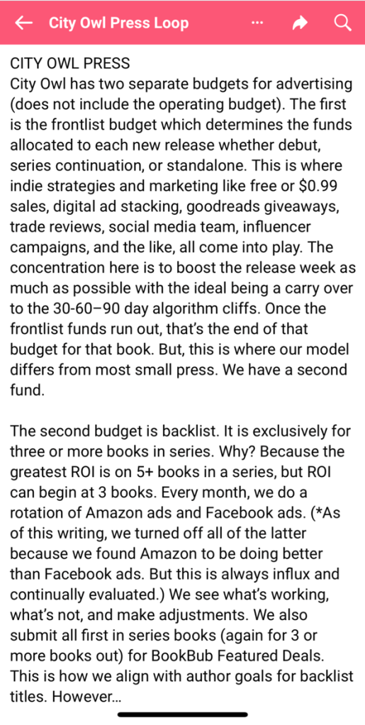 City Owl Press budgets for advertising and backlist