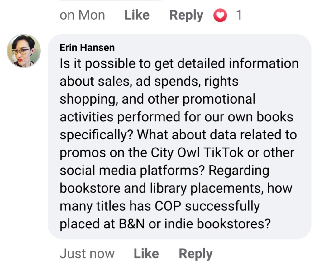 I ask on FB for information regarding expenditures on my books, promos, and placements in B&N or libraries.