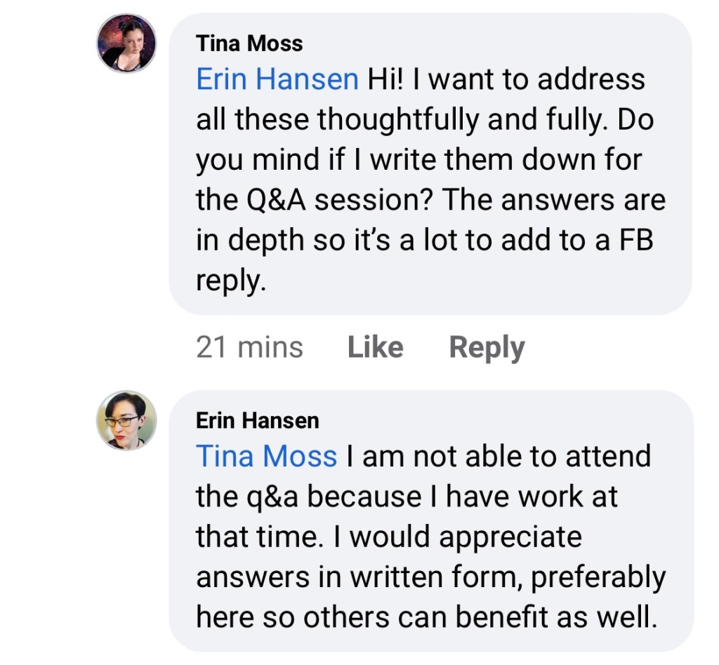 Tina will address this at the Q&A but I ask for an explanation in writing.