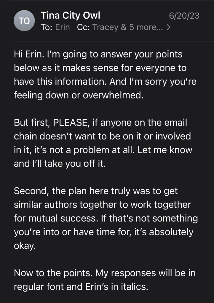 Hi Erin. I’m going to answer your points below as it makes sense for everyone to have this information. And I’m sorry you’re feeling down or overwhelmed.
But first, PLEASE, if anyone on the email chain doesn’t want to be on it or involved in it, it’s not a problem at all. Let me know and I’ll take you off it.
Second, the plan here truly was to get similar authors together to work together for mutual success. If that’s not something you’re into or have time for, it’s absolutely okay.
Now to the points. My responses will be in regular font and Erin’s in italics.
